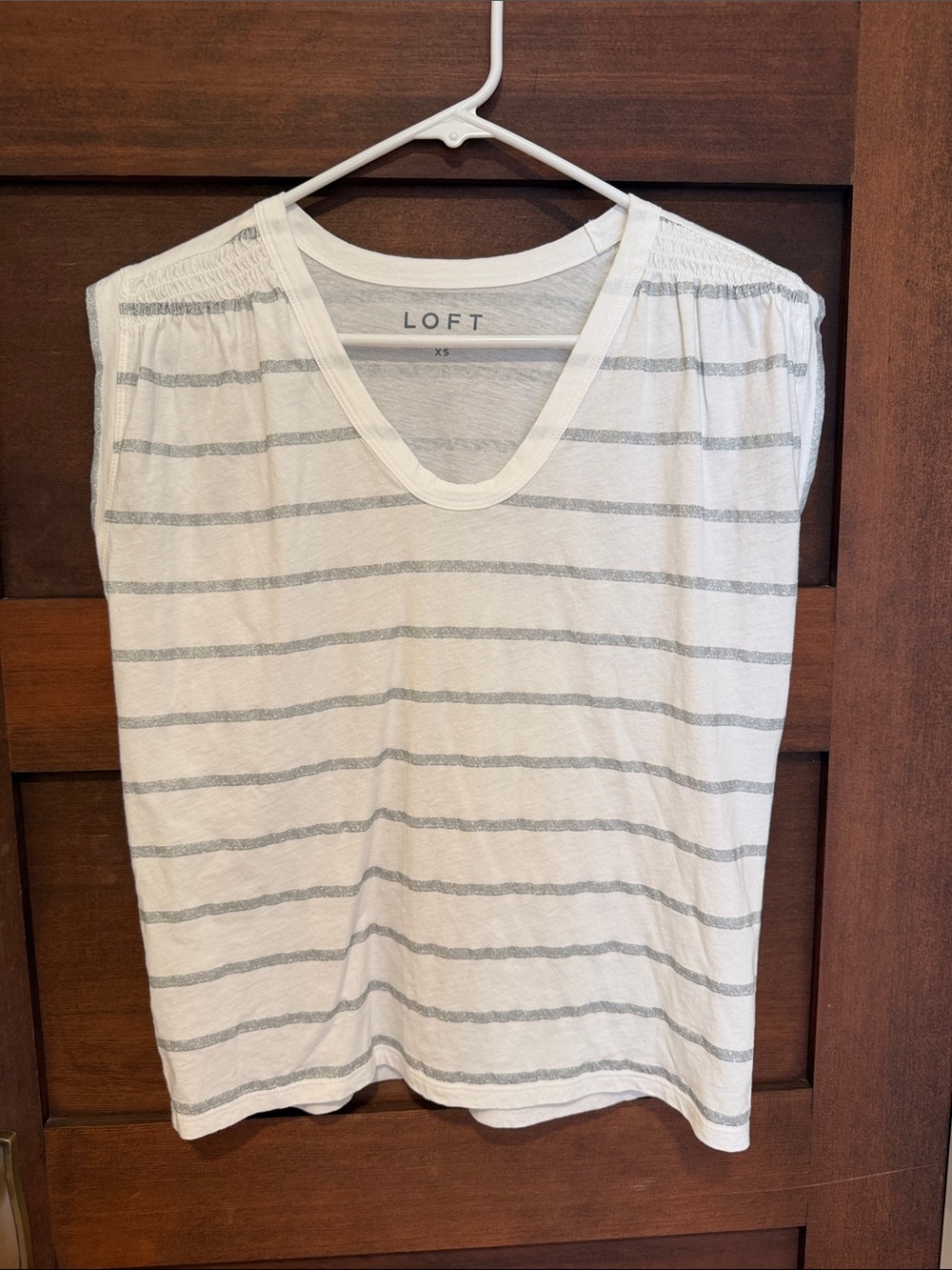 LOFT White Sleeveless V-Neck Top with Gray Stripes